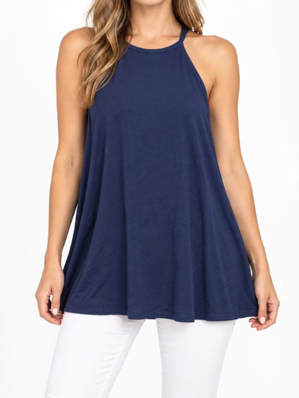 Good Luck Gem Navy Blue Halter Swing Dress Ruffle Back NWT Large